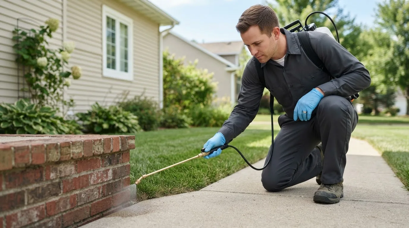 Pest control technician treating a home near New London, MO